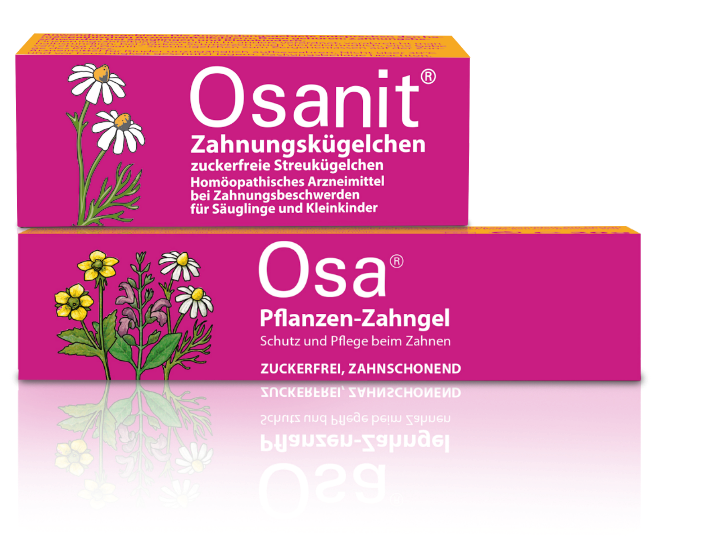 Produktpackungen von Osanit® Zahnungskügelchen und Osa® Pflanzen-Zahngel